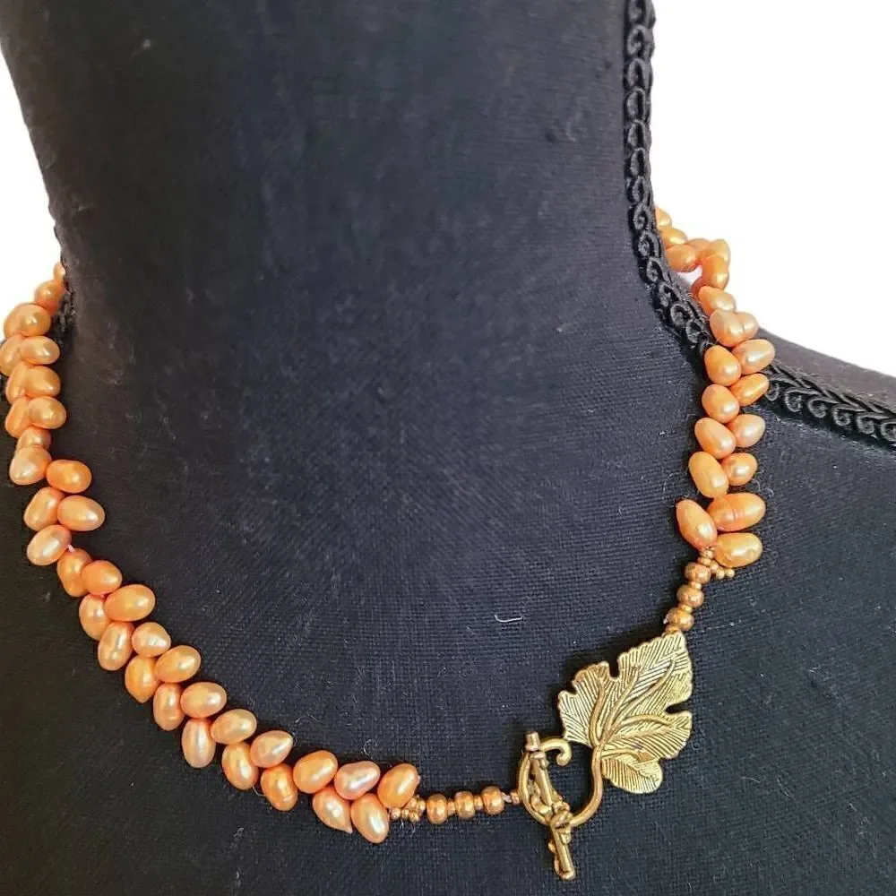Womens Soft Golden Orange Gold Leaf Closure Double Layer Seed Pearl Necklace